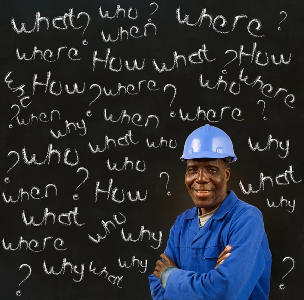 African American black man worker with chalk questions