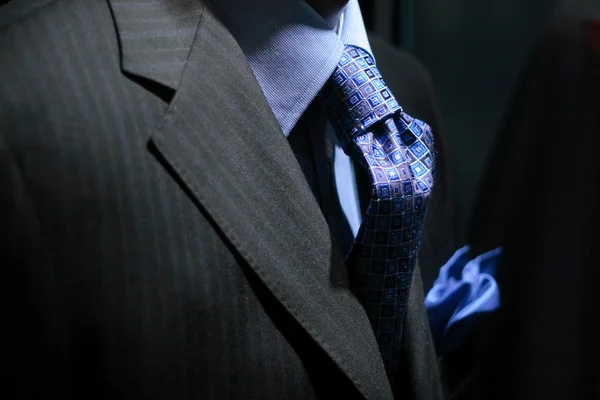 Striped jacket with blue shirt, tie & handkerchief