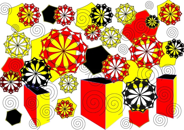 Bright modern floral abstract design in red yellow and black on plain white background