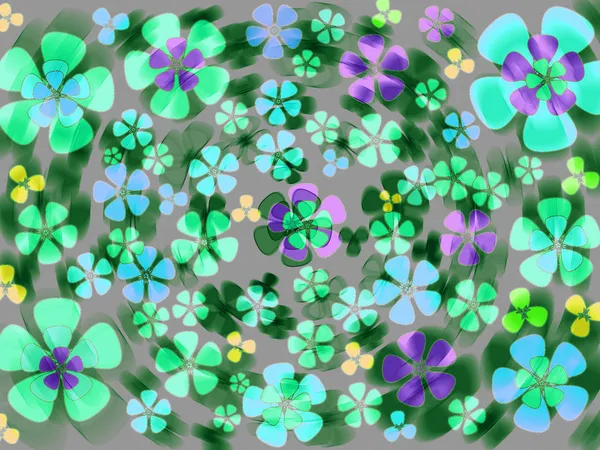 Bright modern floral abstract design in purple yellow green purple blue and orange on plain grey background