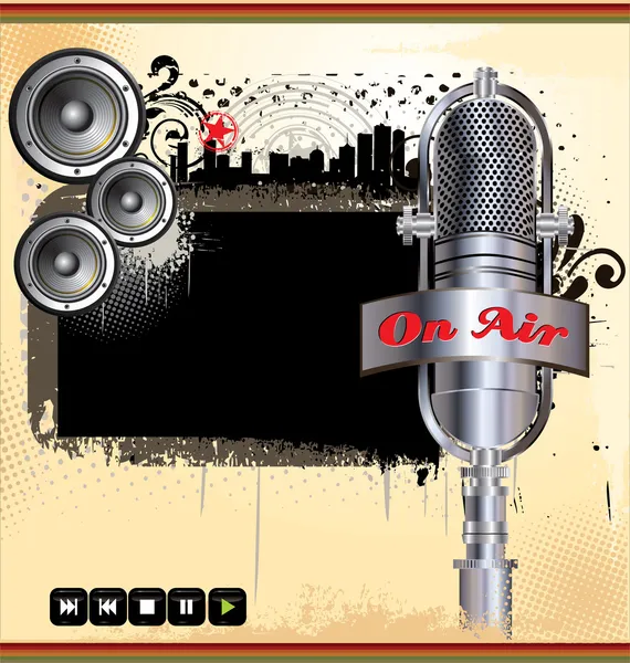Grunge music background with abstract retro microphone and speakers