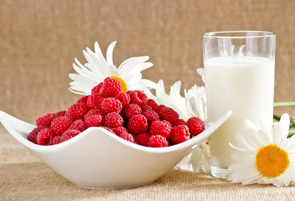 Raspberry on the plate and milk