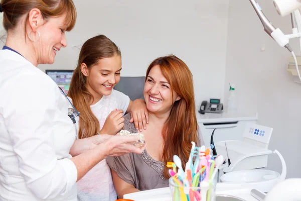 A women teeth doctor explains a mother with a child how to brush teeth