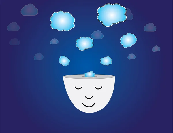 Young human head dreaming meditating with thought bubbles art. peaceful and relaxed young man thinking with closed eyes with thoughts coming out of his head with dark blue sky background illustration