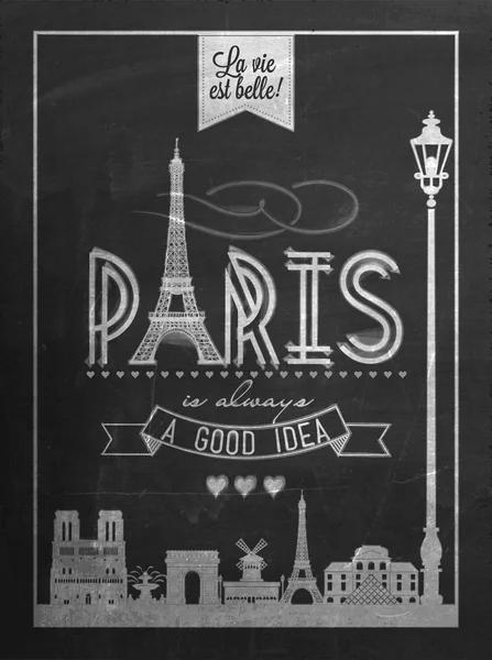 Typographical Retro Style Poster With Paris Symbols And Landmarks On Blackboard With Chalk