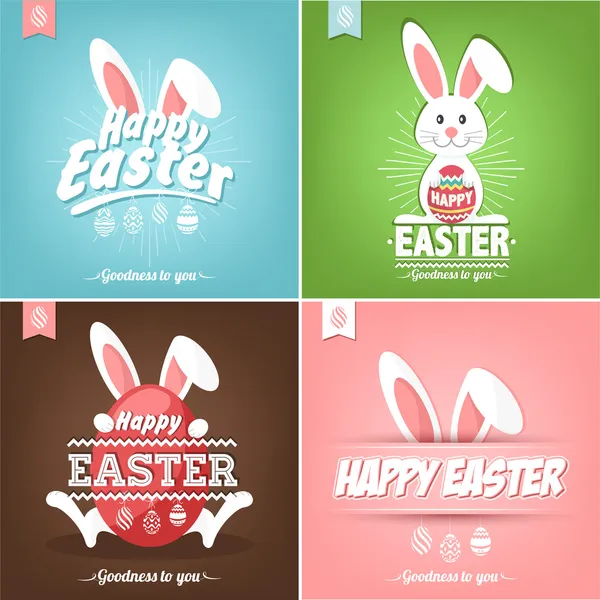 Set Of Happy Easter Cards Illustration With Easter Eggs And Rabbit
