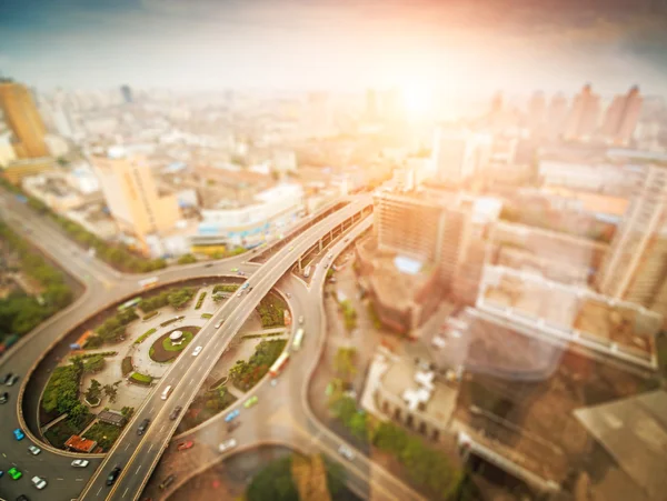 Aerial views of the city with tilt-shift effect