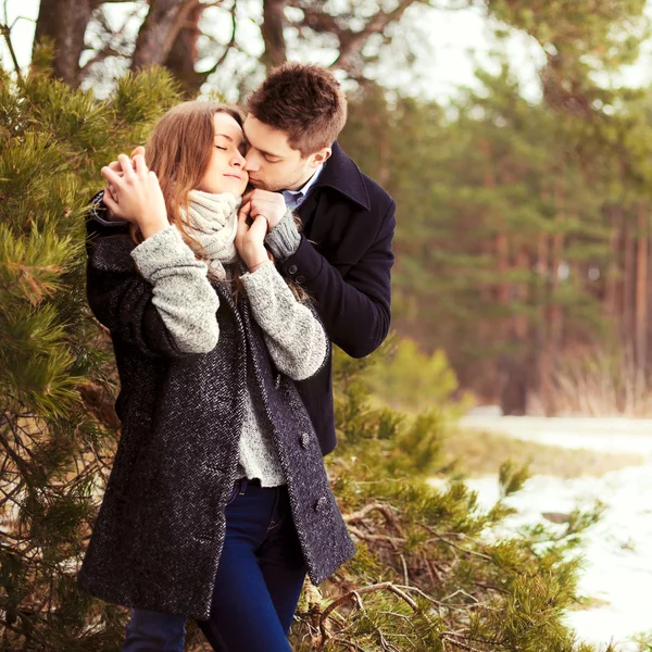 Couple in love in the cold spring forest