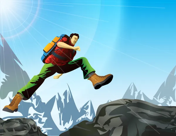 Man with backpack jump in mountains