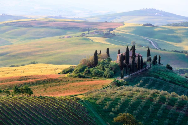 Rolling Tuscan hills and farmhouse