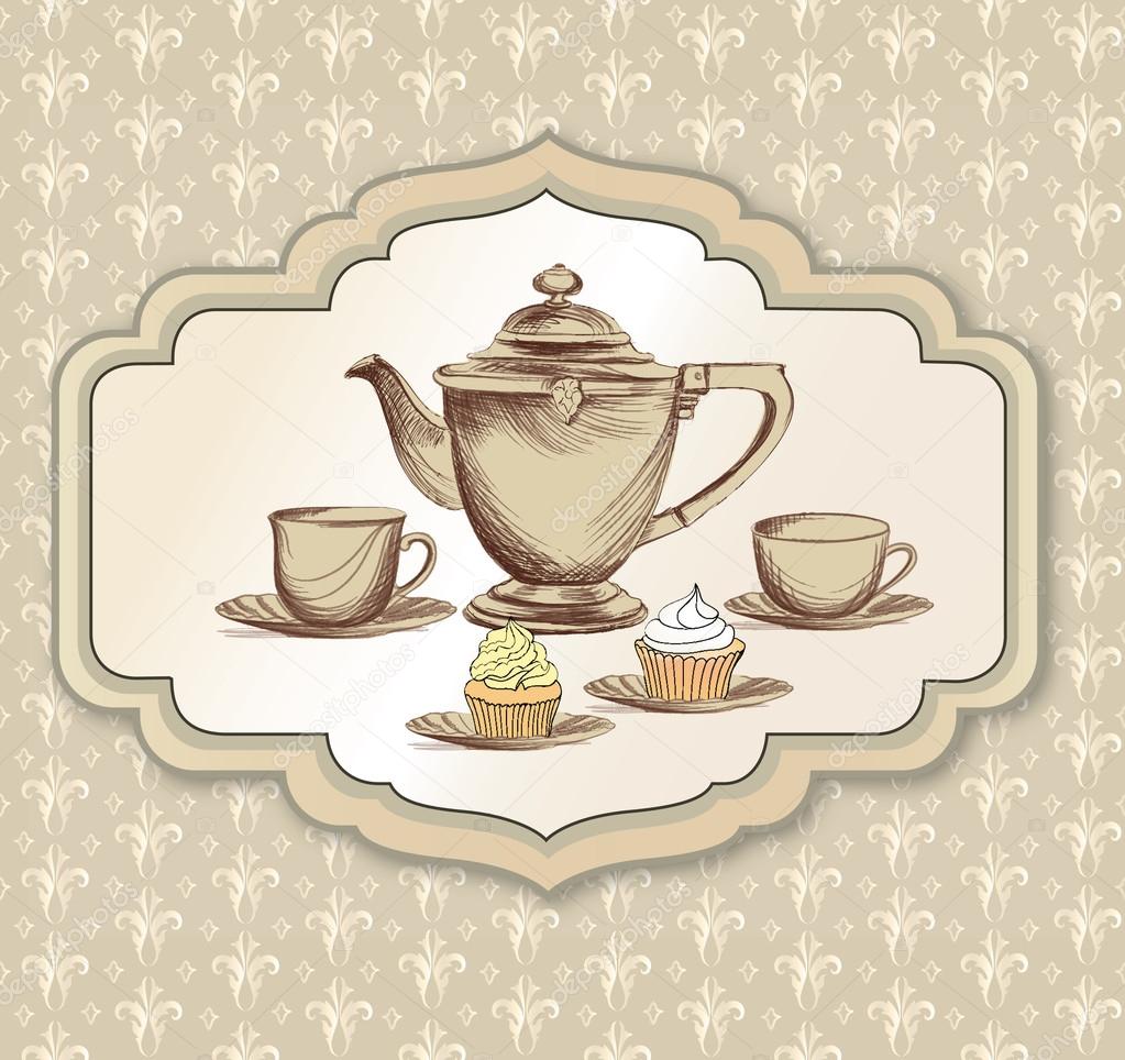 time pastry cup  and  Tea cup, Tea vintage  vintage card. label kettle retro
