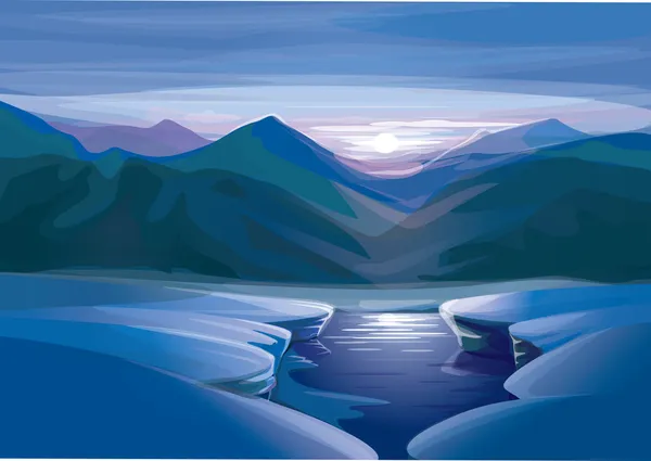 Vector of winter sunset landscape, with reflection in lake
