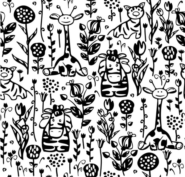 Seamless cute pattern of flora and fauna