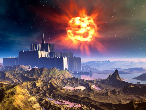 Alien Castle Fortress Under an Exploding Sun