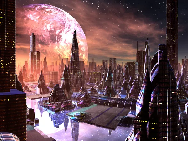View of Futuristic City on Alien Planet