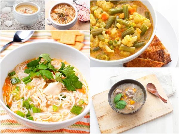Collage with different meat and vegetables soups
