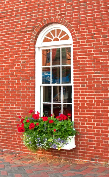 Brown brick house window and flowers