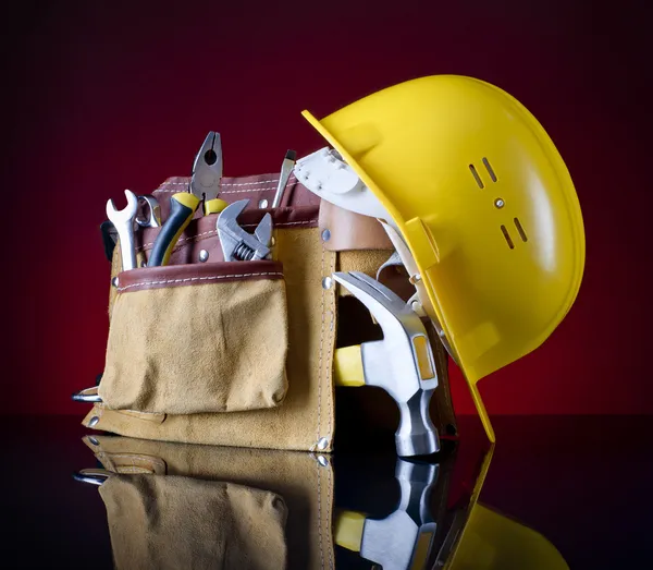 Tool belt, hammer and helmet