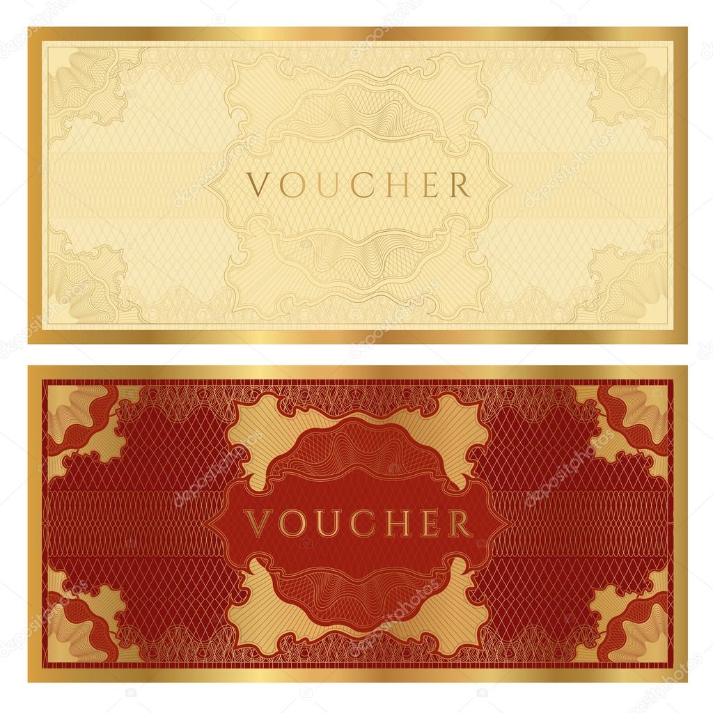 Golden voucher template with guilloche pattern — Stock Vector