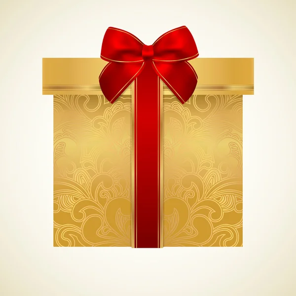 Golden gift box with floral pattern and red bow (ribbon). Vector celebration symbol for (St\' Valentin day, Mother\'s day, Christmas and other holidays). Background design useful for greeting card