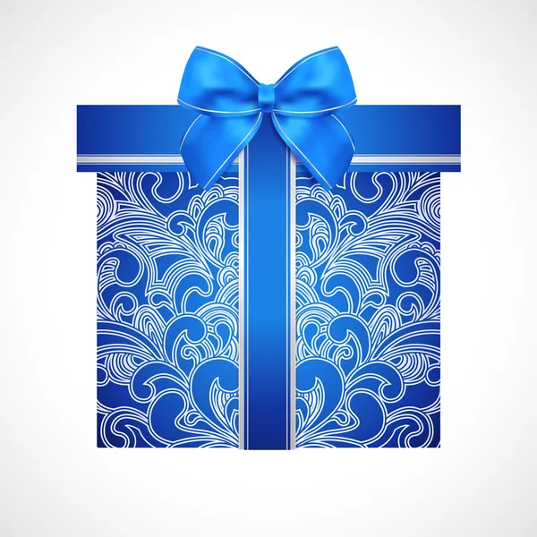 Blue gift box with floral pattern (scroll) and bow (ribbon). Vector celebration symbol (present) for (St\' Valentin day, Mother\'s day, Christmas and other holidays)