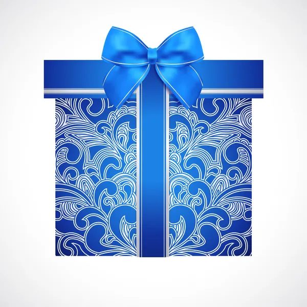 Blue gift box with floral pattern (scroll) and bow (ribbon). Vector celebration symbol (present) for (St' Valentin day, Mother's day, Christmas and other holidays)