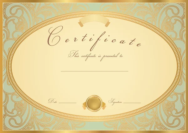 Certificate of completion (template or sample background) with flower pattern (scroll), golden vintage border. Design for diploma, invitation, gift voucher, official, ticket, awards (winner). Vector