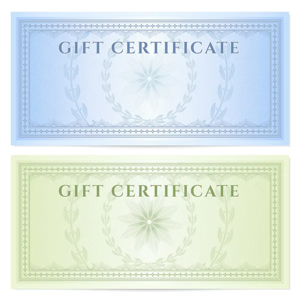 Gift certificate (Voucher) template with guilloche pattern (watermarks) and border. Background design for coupon, banknote, money design, currency, note, ticket, check, cheque etc. Colors (green,blue)