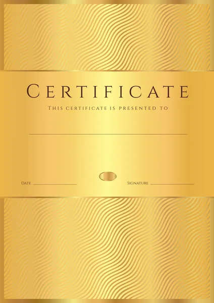 Certificate of completion (template or sample background) with golden wave lines pattern. Gold Design for diploma, invitation, gift voucher, ticket, awards. Vector