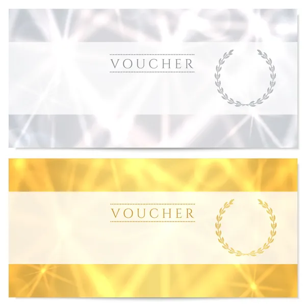 Gift certificate, Voucher, Coupon template (layout) with abstract pattern, sparkling, twinkling stars. Background design for invitation, banknote, cheque (check), currency, banner. Gold, silver