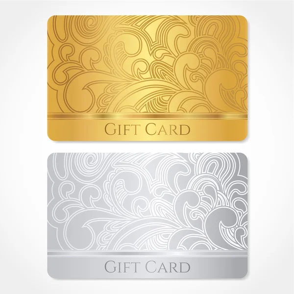 Silver and gold gift card (discount card, business card) with floral (scroll, swirl) pattern (tracery). Background design for gift coupon, voucher, invitation, ticket etc. Vector