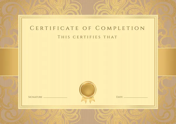 Certificate, Diploma of completion (design template, background) with floral pattern, gold border (frame), insignia. Useful for: Certificate of Achievement, Certificate of education, awards