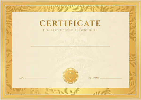 Certificate, Diploma of completion (template, background). Gold floral (scroll, swirl) pattern (watermark), border, frame. Certificate of Achievement, Certificate of education, awards, winner