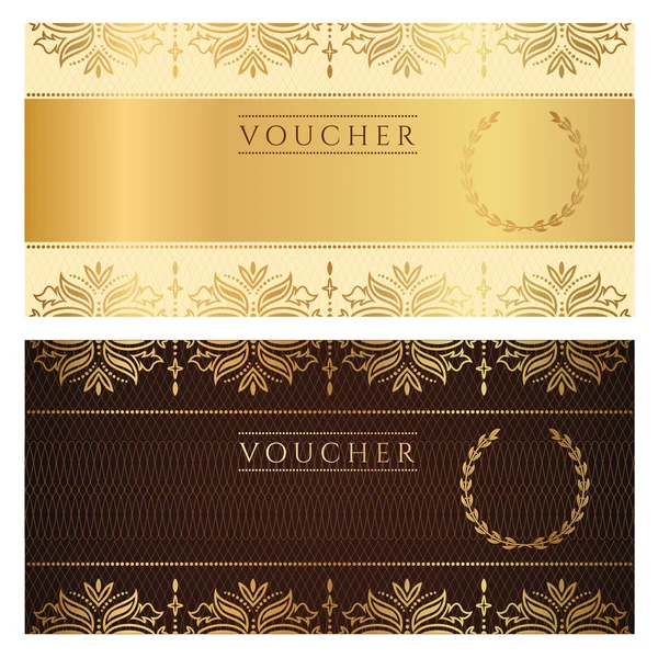 Voucher, Gift certificate, Coupon template with floral border. Background design for invitation, ticket, banknote, money design, currency, check (cheque). Vector in gold, dark brown colors