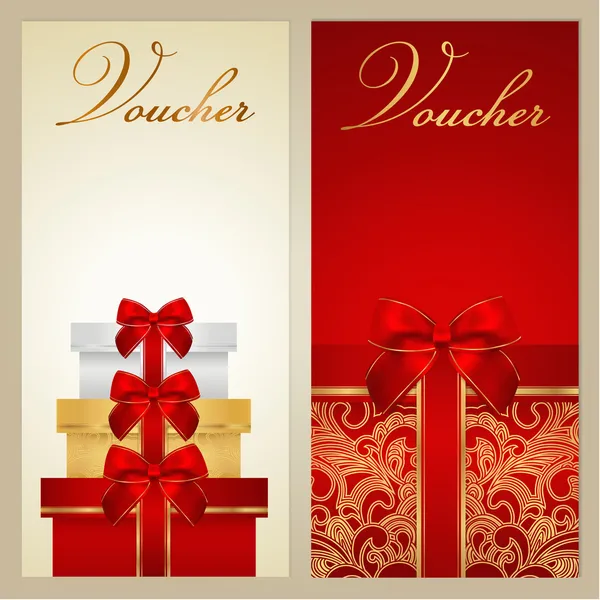 Voucher, Gift certificate, Coupon template with border, bow (ribbons, present). Holiday (celebration) background design (Christmas, Birthday) for invitation, banner, ticket. Vector in red, gold colors