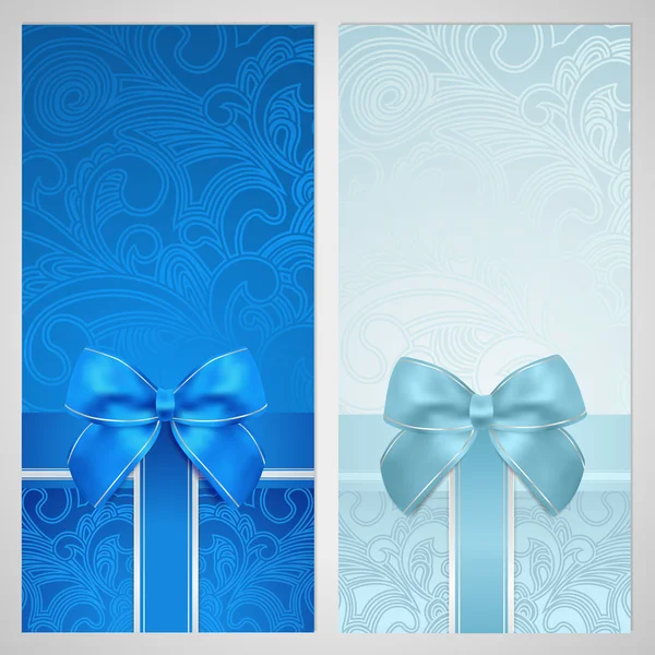 Voucher, Gift certificate, Coupon template with gift bow (ribbons, present). Holiday (celebration) background design (Christmas, Birthday) for invitation, banner, ticket. Vector in blue color