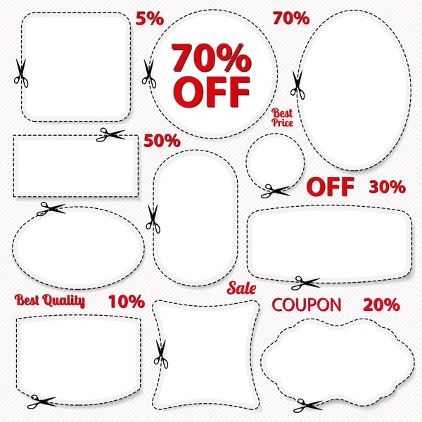 Set: Sale Coupon, labels (banner, tag) white template (vector design, layout) with blank frame, dotted line (dash line), red percent, scissors (cut off, cutting). Design save money, get discount