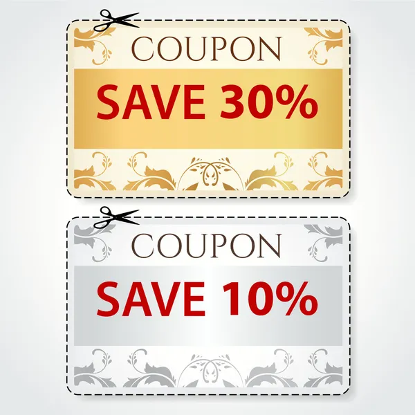 Sale Coupon, labels (banner, tag) gold, silver template (vector design, layout) with floral frame, pattern, dotted line (dash line), red percent, scissors (cut off, cutting). Save money, get discount