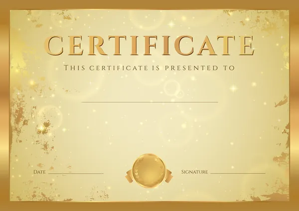 Certificate of completion, Diploma (design template, background) with gold grunge, old pattern, stars, frame. Golden Certificate of Achievement, coupon, award, winner