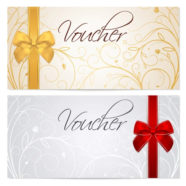 Voucher, Gift certificate, Coupon template with floral scroll pattern, red and gold bow. Background for invitation, money design, currency, note, check (cheque), ticket, reward. Vector