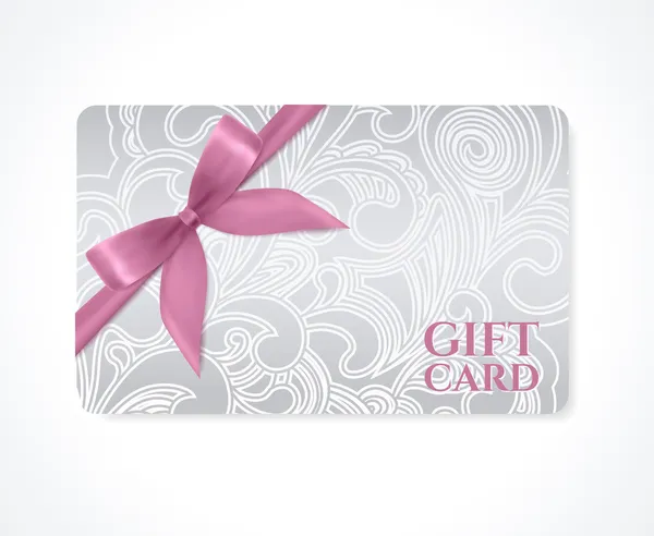 Gift coupon, gift card (discount card, business card) with floral (scroll, swirl) silver pattern (tracery), pink bow (ribbon). Holiday background design for invitation, ticket. Vector