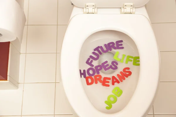 Bathroom toilet with the inscriptions future, hopes, dreams, life and job