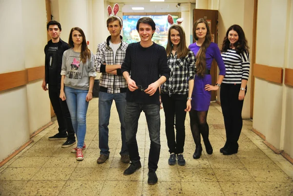 Group of young people posing for photos in Moscow Power Engineering University