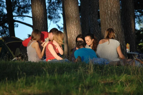 Young people and nature. Camping in the woods by the lake in Konakovo