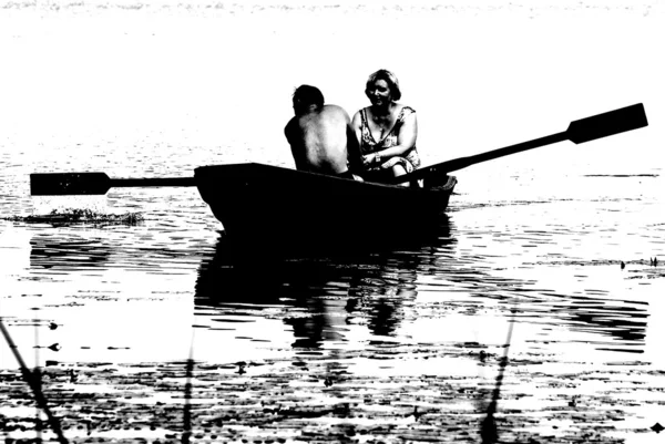 Monochrome image of people sailing on the boat
