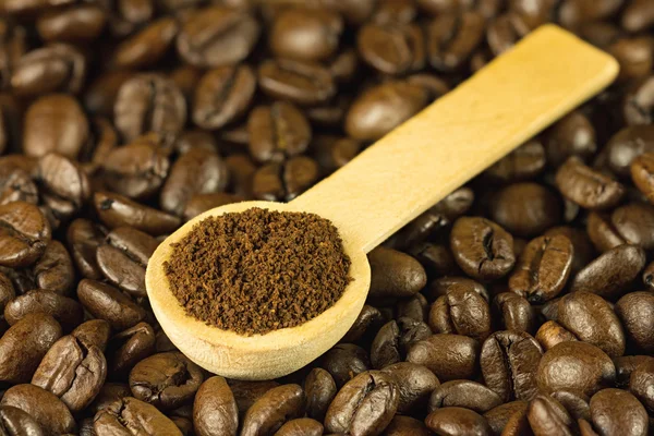 Coffee ground in spoon on coffee