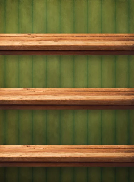 Vintage wooden kitchen shelves over grunge green wallpaper. Ready for product montage display