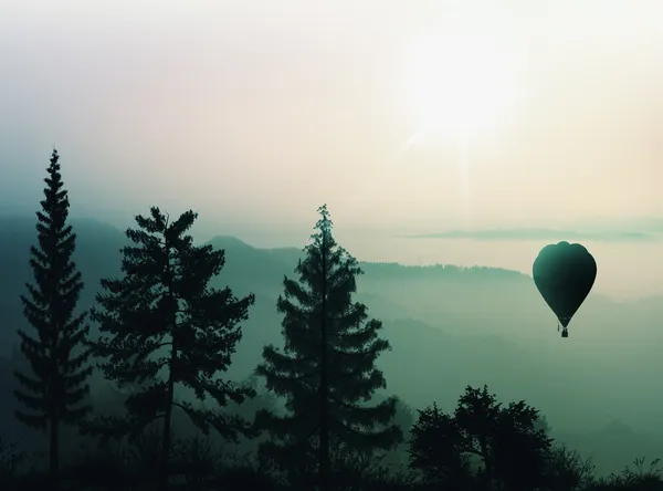Hot air balloon flies over the mountains