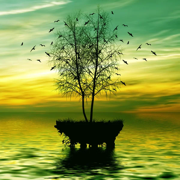 Tree, river and birds on green sky