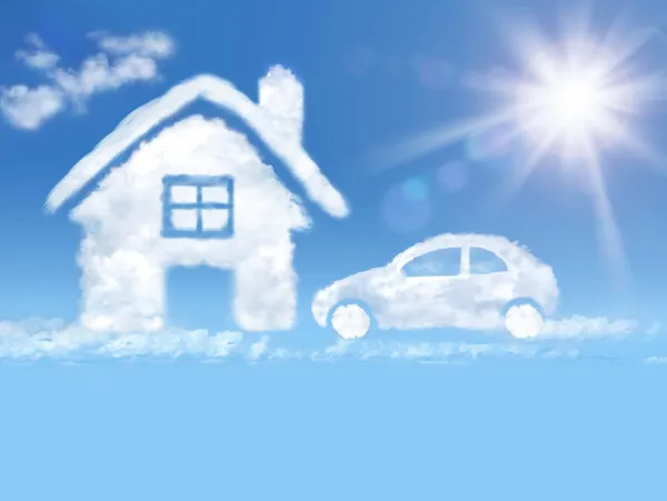 Cloud house and car in the blue sky and shining sun